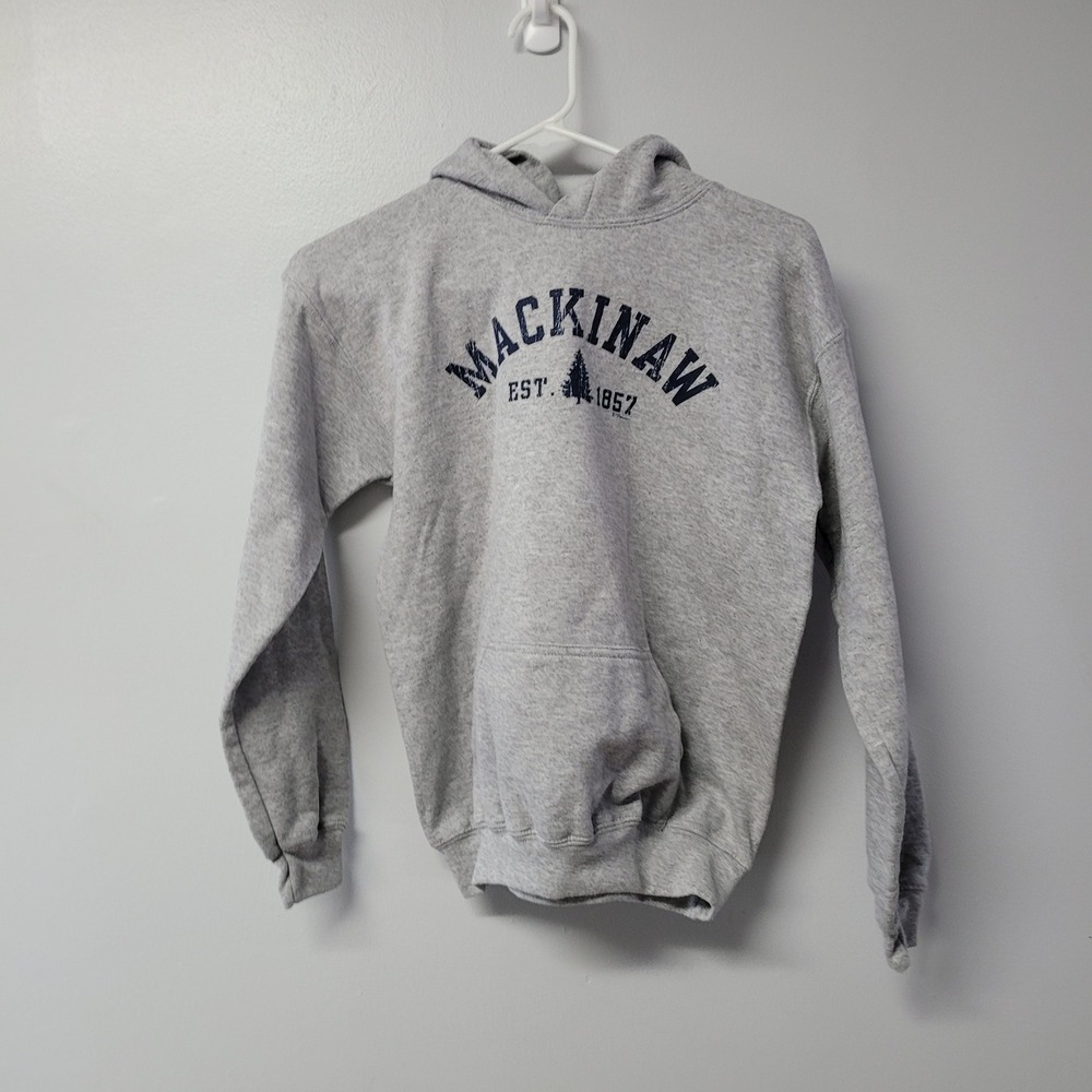 Mackinaw City Michigan Est 1857 Grey‎ Graphic Hoodie Island Bridge Youth Large